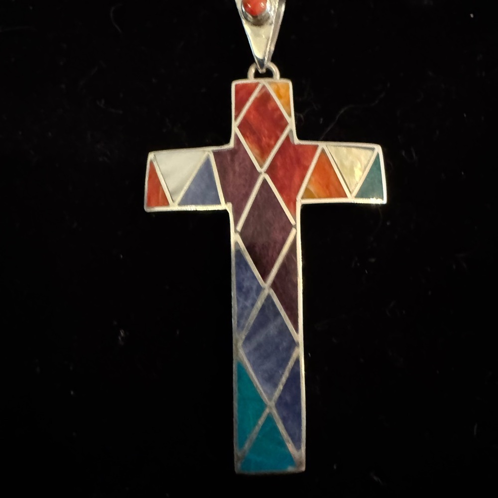 Multicolor Geometric inlay sterling, silver and‎ Cross Pendant with chain.